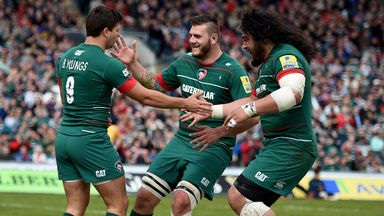 Leicester scrum half Ben Young is congratulated after scoring the opening try