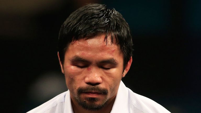 LAS VEGAS, NV - MAY 02: Manny Pacquiao answers questions during the post-fight news conference after losing to Floyd Mayweather Jr. in their welterweight