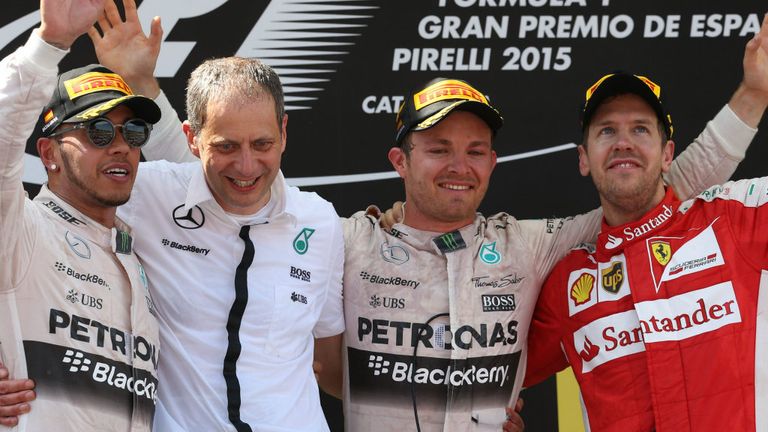 The top three finishers on the Bahrain GP podium
