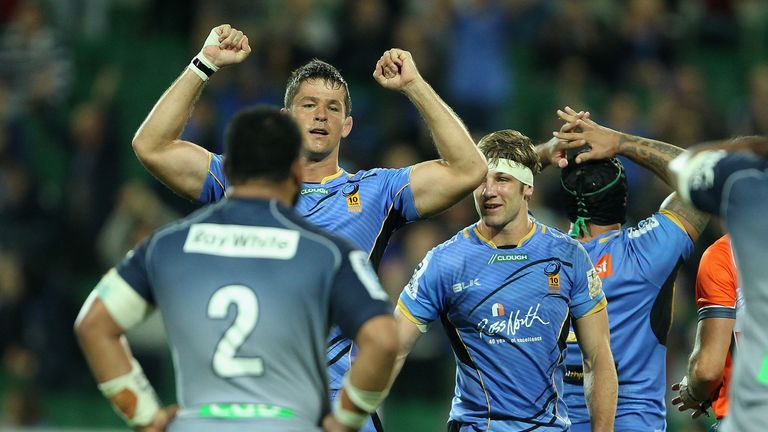 Western Force forward Wilhelm Steenkamp celebrates after the final whistle