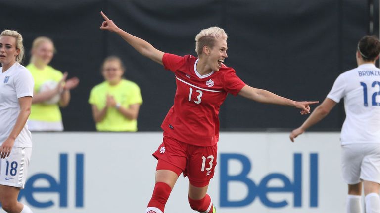 Sophie Schmidt celebrates her goal for Canada against England
