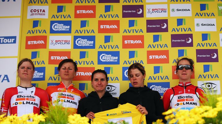 The Boels Dolmans Cycling Team accept the race leader's jersey on behalf of Lizzie Armitstead following her crash