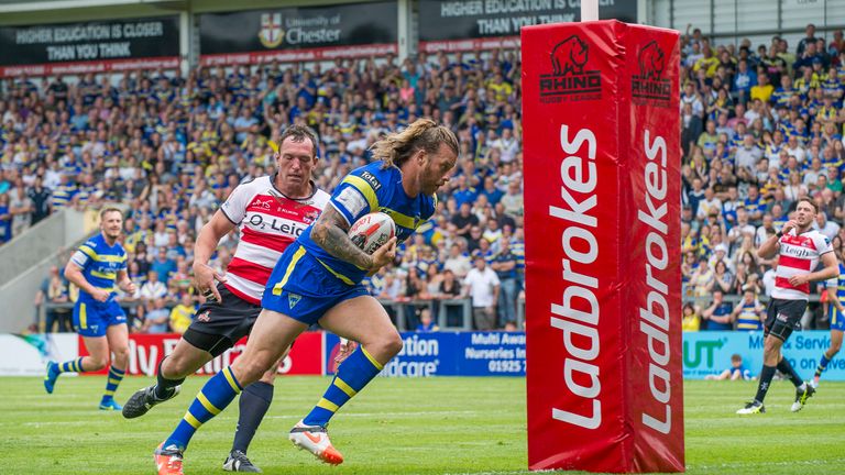 Ashton Sims crosses to score Warrington's first try against Leigh