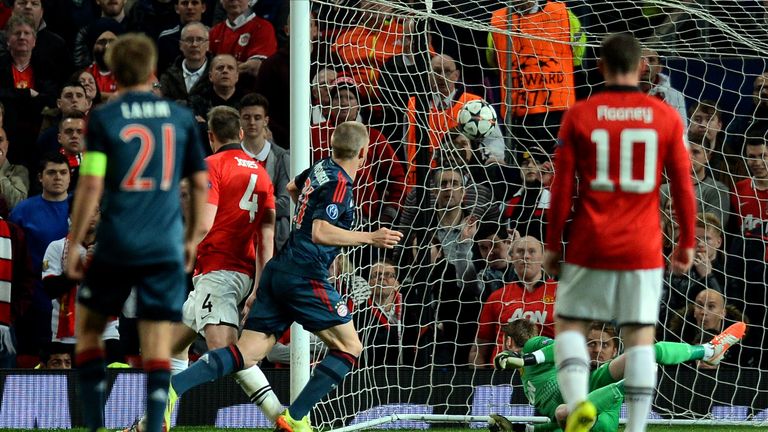 Schweinsteiger scoring Bayern's equaliser at Old Trafford in March 2014