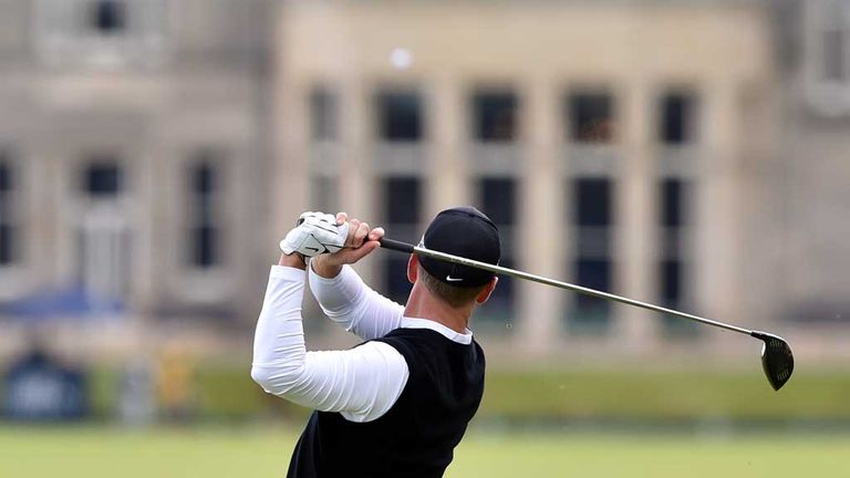 Duval launches his tee shot at the 18th during the third round of the 144th Open 