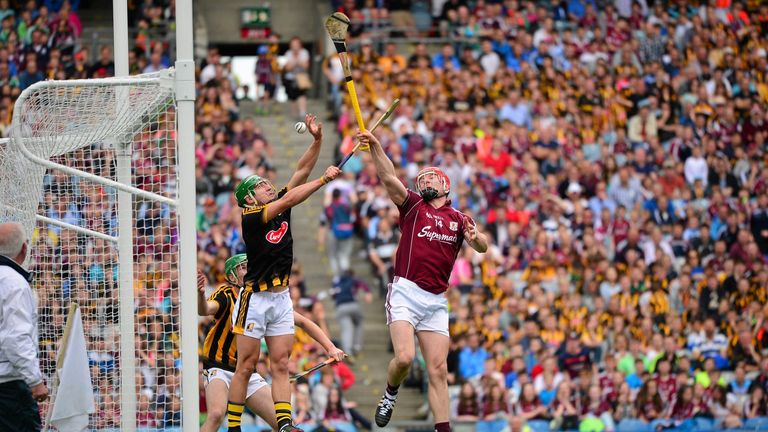 Joe Canning competes for a high ball with Kilkenny goalkeeper Eoin Murphy