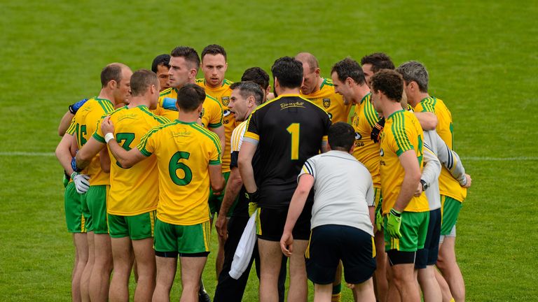 Rory Gallagher gives some last-minute instructions to his Donegal players ahead of their Ulster semi-final with Derry
