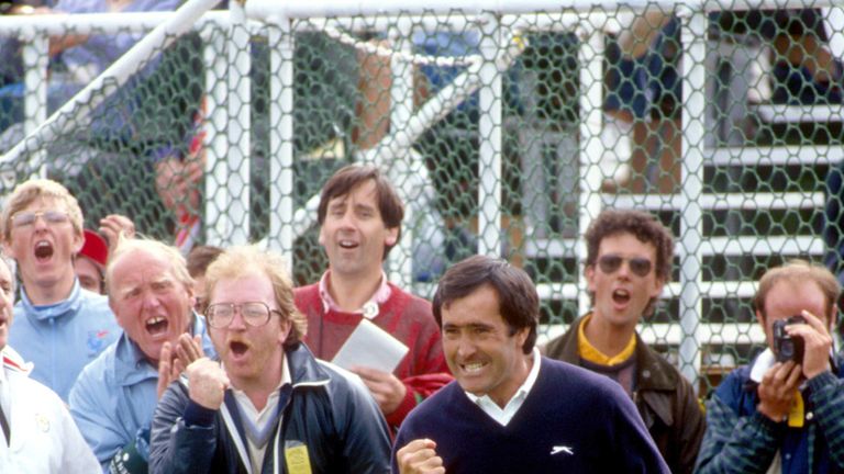 Almost there: Seve celebrates after chipping to six inches at the final hole