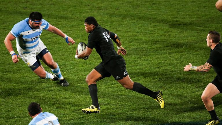 Waisake Naholo of the All Blacks makes a break during The Rugby Championship match between New Zealand and Argentina