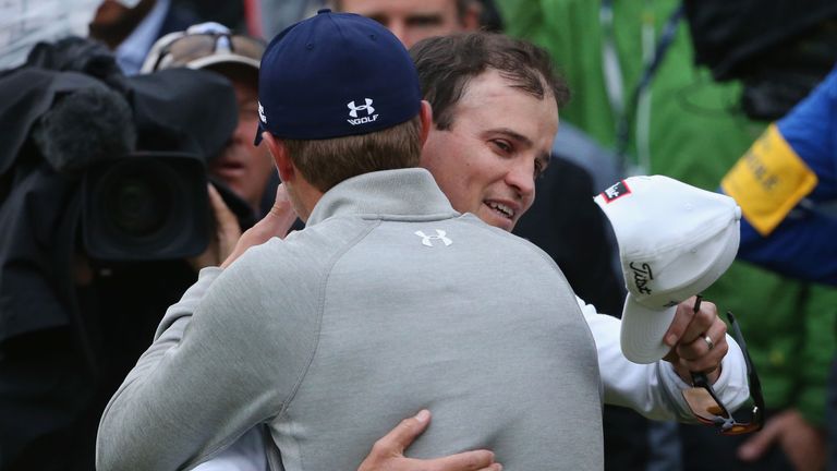Zach Johnson celebrates with Jordan Spieth  after winning the 144th Open at St Andrews. 