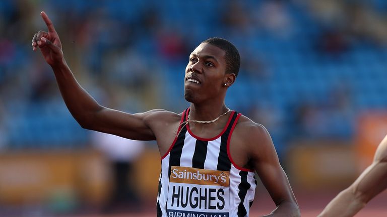 Zharnel Hughes celebrates after winning the men's 200m final on day two of the Sainsbury's British Championship