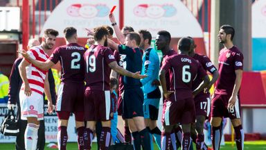 Image of Hearts' Callum Paterson (second from left) receives a red card for his foul on Hamilton's Darian MacKinnon