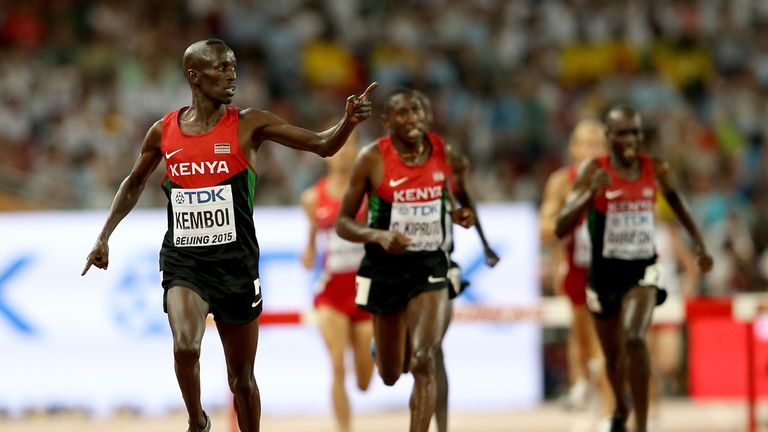 Ezekiel Kemboi leads home a Kenyan 1-2-3 in the steeplechase