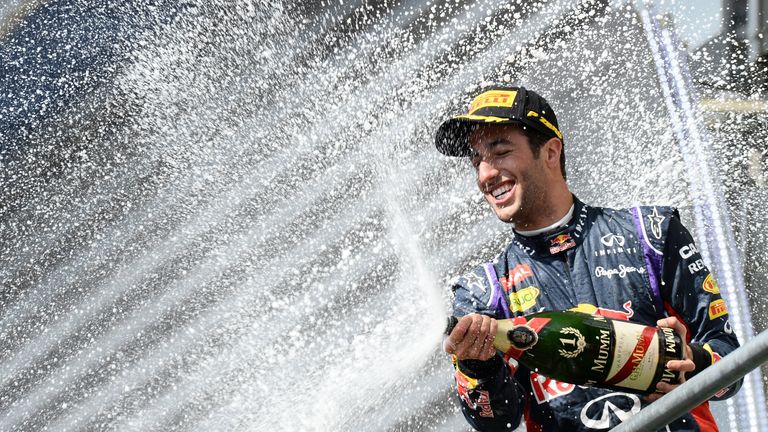 Daniel Ricciardo celebrates his 2014 win