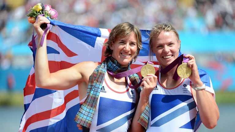 Anna Watkins (R) with Katherine Grainger after winning gold at the London 2012 Olympics