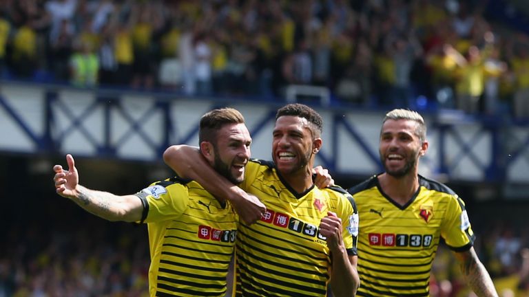 Miguel Layun celebrates scoring Watford's first goal with team-mate Etienne Capoue