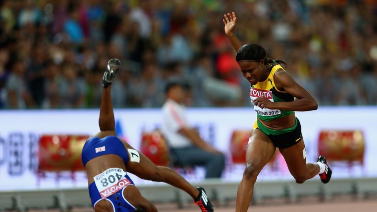 Britain's Tiffany Porter (left) took a nasty fall after the finish line