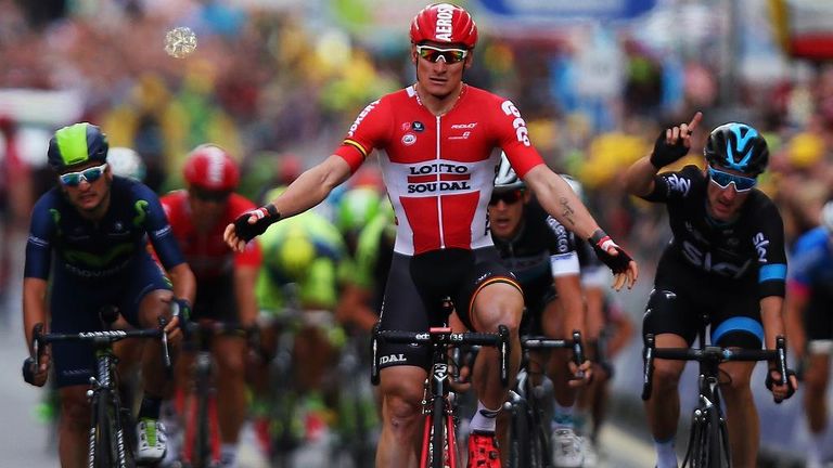 Elia Viviani (right) won stage eight after Andre Greipel was relegated