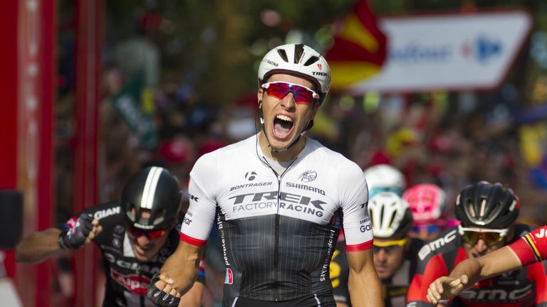 Trek's Dutch cyclist Danny Van Poppel celebrates winning the 12th Stage of the 2015 Vuelta Espana cycling tour, a 173km route betwee