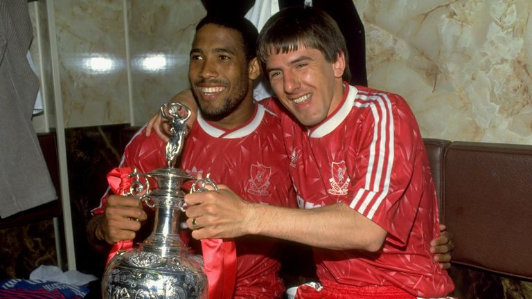 Barnes with Peter Beardsley after Liverpool's 1990 title win