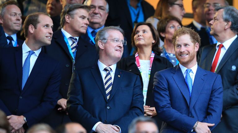 Chairman of the World Rugby Bernard Lapasset (centre) with he Duke of Cambridge (left) and Prince Harry at the Rugby World Cup