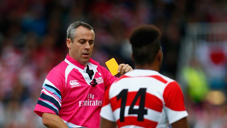 Referee John Lacey sends Japan wing Kotaro Matsushima to the sin bin