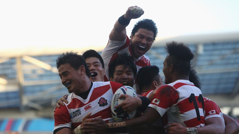 Ayumu Goromaru of Japan celebrates scoring his team's second try during the 2015 Rugby World Cup Pool B