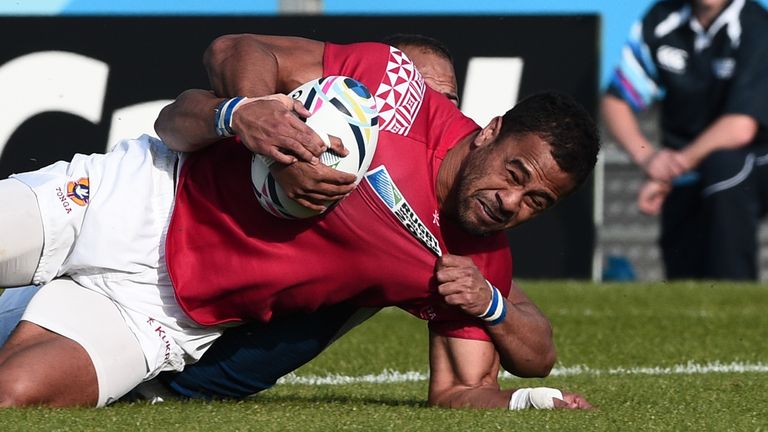 Telusa Veainu goes over to score the opening try for Tonga against Namibia