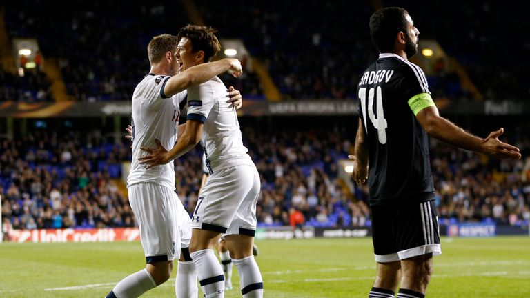 Heung-Min Son celebrates scoring his first goal for Spurs