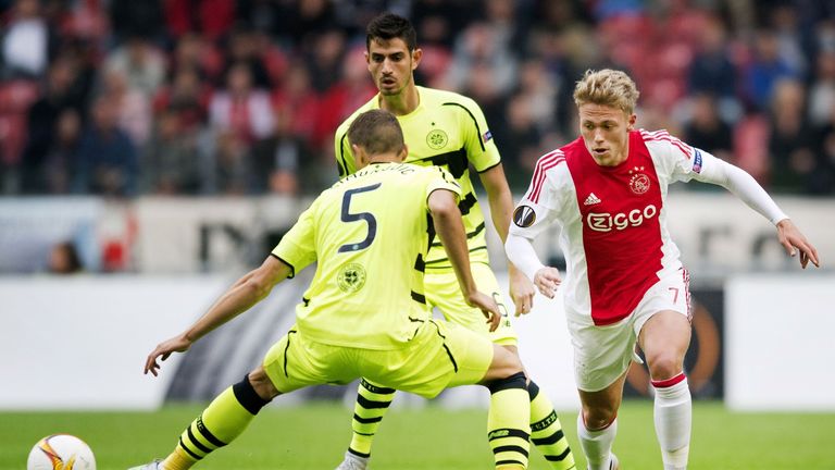 Ajax's Viktor Fischer vies with Celtic's Jozo Simunovic