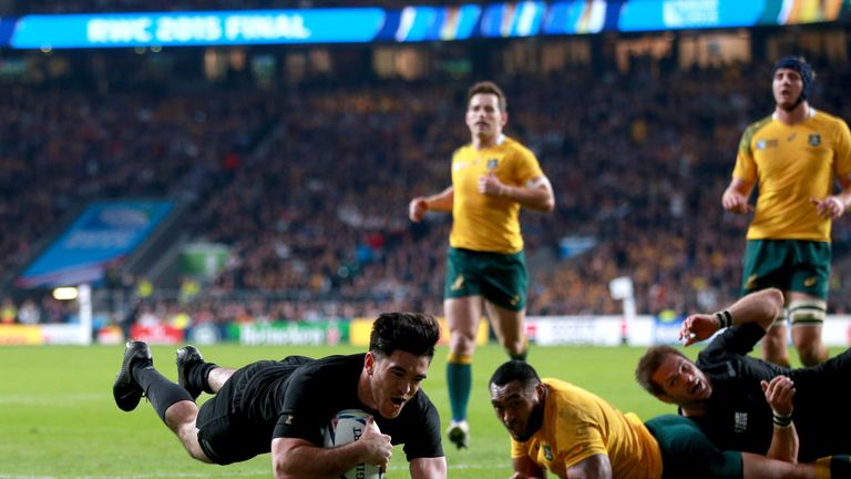 New Zealand's Nehe Milner-Skudder scores in the World Cup final.