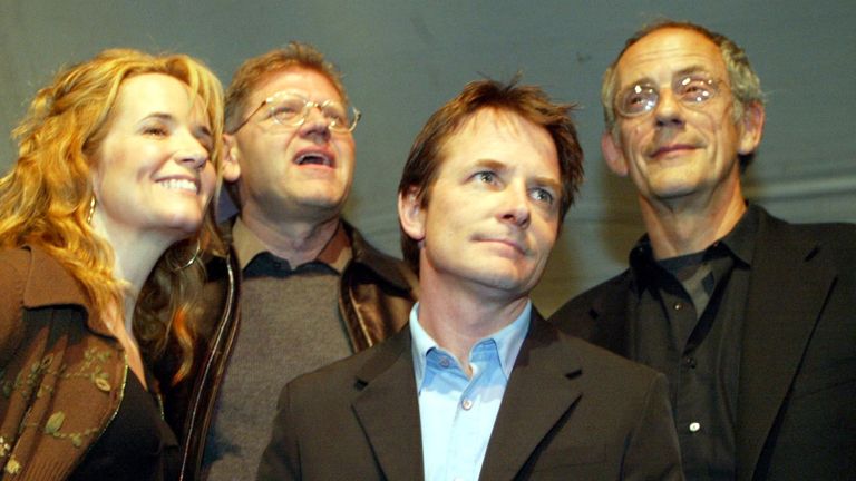 Back to the Future reunite from left to right: Lea Thompson (Lorraine Baines McFly), Robert Zemeckis (Director), Michael J. Fox (Marty McFly) and Christopher Lloyd (Doc Brown)