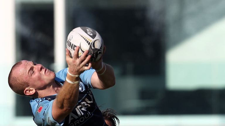 Cardiff's Dan Fish stretches to catch against Zebre