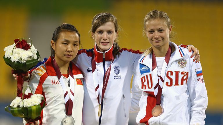 GB's Sophie Hahn (centre) won T38 100m gold ahead of Junfei Chen and Margarita Goncharova