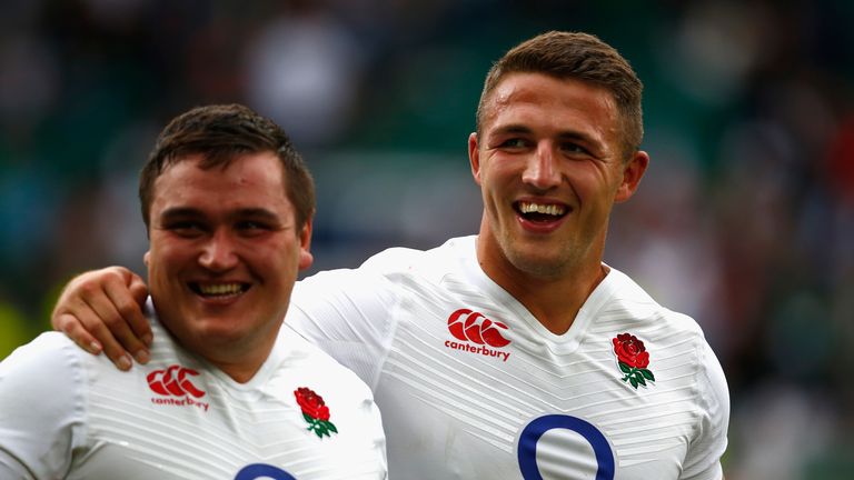 Jamie George and Sam Burgess share a smile after beating Ireland in the World Cup warm-ups