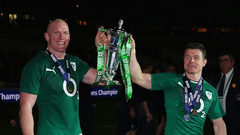 Paul O'Connell and Brian O'Driscoll celebrate Ireland's Six Nations win in 2014