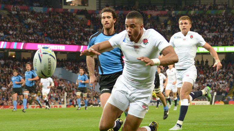 England wing Anthony Watson scores the opening try