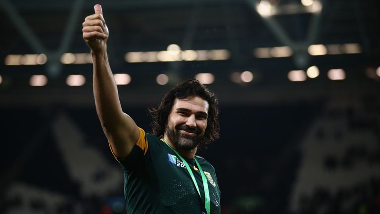 Victor Matfield gives a thumbs-up after his final appearance for the Springboks