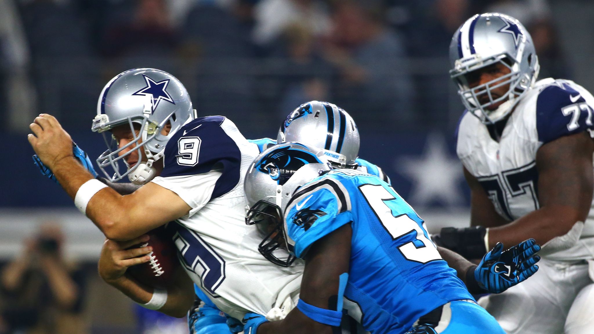 Romo Sacked & Injures Clavicle, Panthers vs. Cowboys