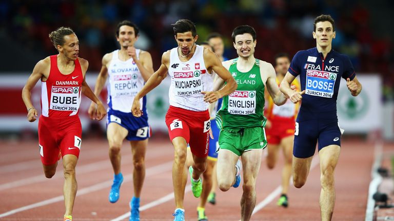 English (centre) and friend and rival Pierre-Ambroise Bosse (right) at last summer's European Championships