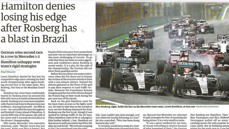 The Guardian focused on Hamilton's insistence that he hadn't eased off since clinching the world title