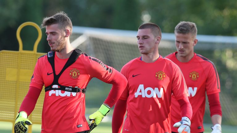 Johnstone (centre) pictured with David de Gea and Anders Lindegaard this summer