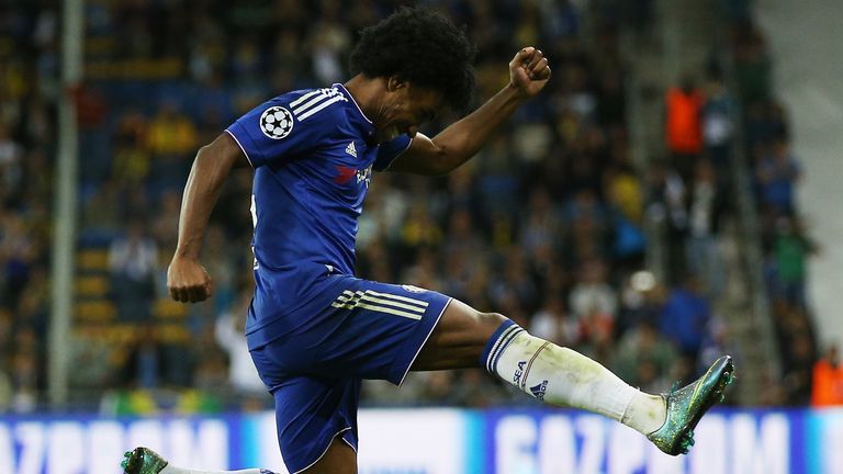 Willian celebrates after scoring yet another free-kick against Maccabi Tel Aviv