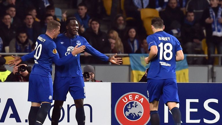 Romelu Lukaku (centre) celebrates after scoring against Dynamo Kiev in last season's Europa League