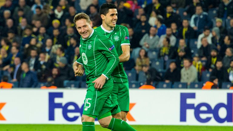 Celtic's Kris Commons celebrates with Tom Rogic