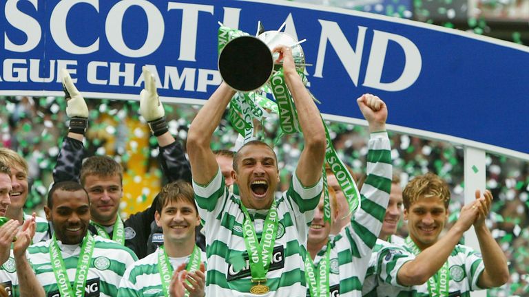 Henrik Larsson celebrates winning silverware at Celtic