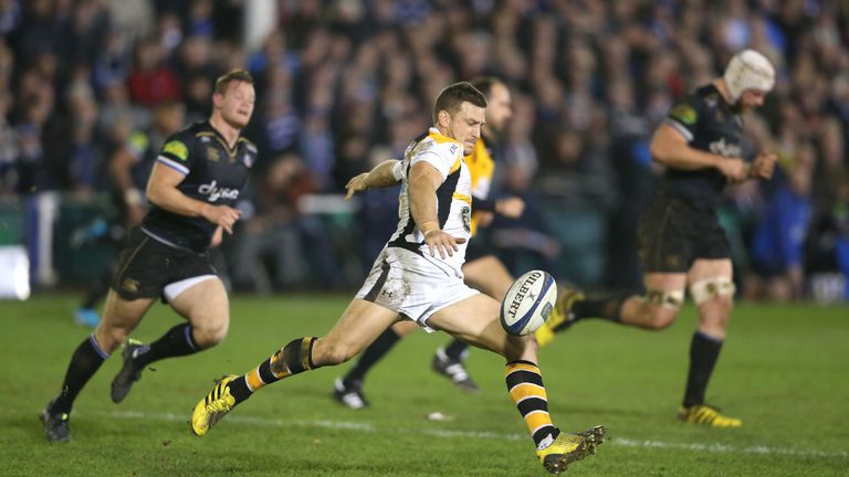 Jimmy Gopperth of Wasps clears the ball upfield 