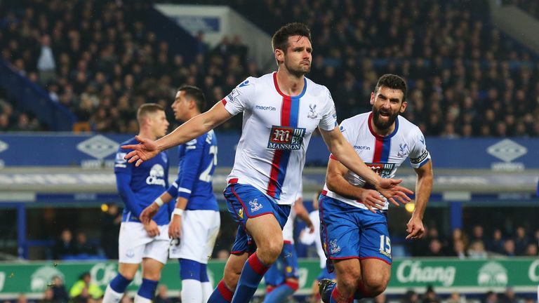 Dann celebrates his goal at Goodison Park