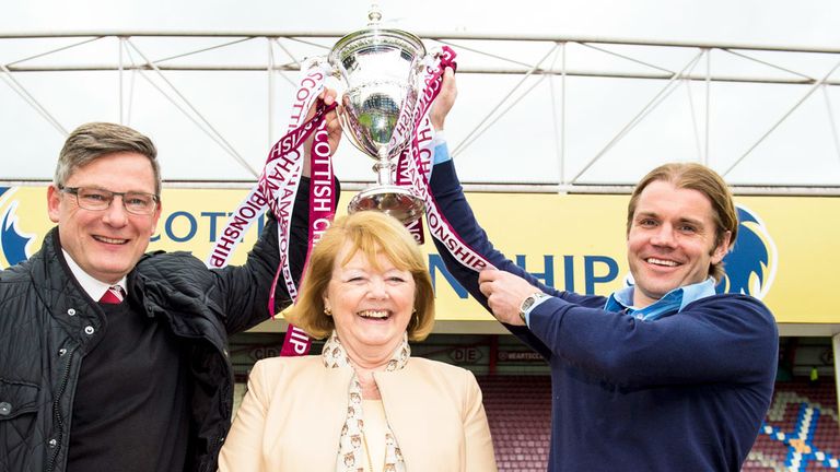 (left-right) Craig Levein, Ann Budge and Robbie Neilson of Hearts with the Championship trophy