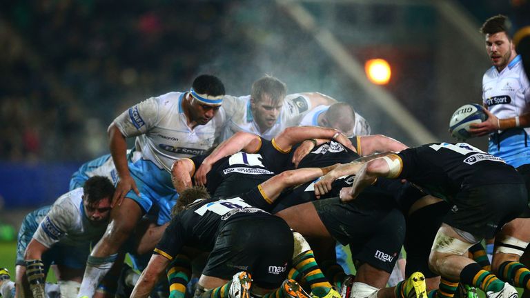 The Glasgow and Northampton forwards pack down for a  scrum